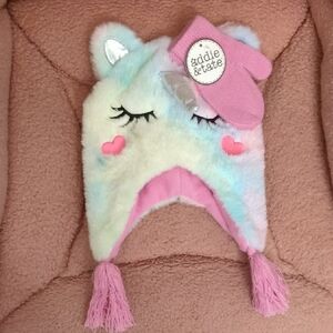 Unicorn Kids Hat and Mittens Set - Pink and Pastel Rainbow